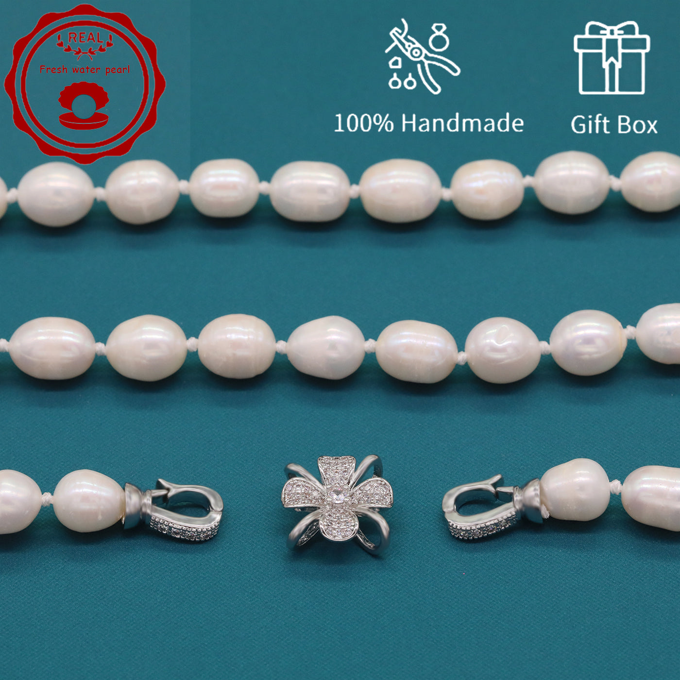 HDBS1130-Handmade White Freshwater Pearl Necklace 17 Inch 9mm gift boxed