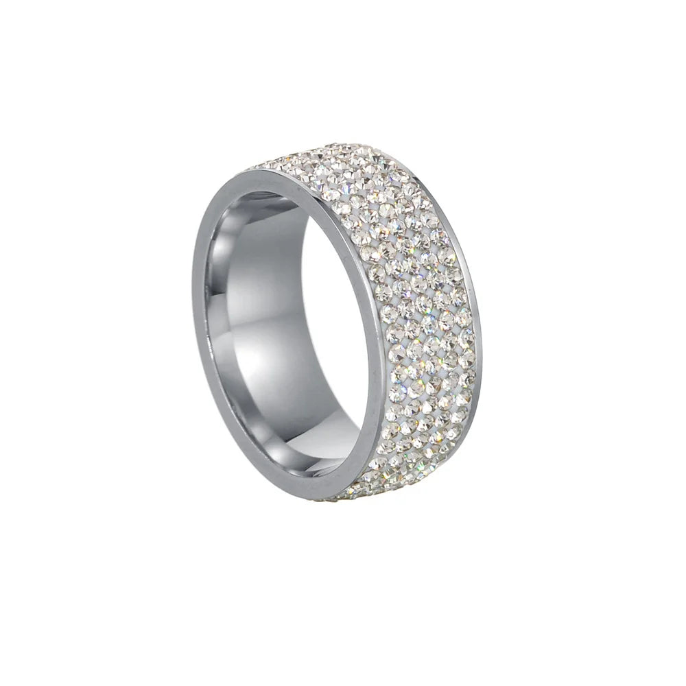 Stainless Steel CZ Crystal 5-Row Ring | Sizes 6–12