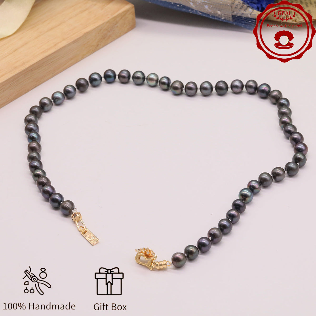 Handmade 8-9mm purple freshwater Pearl necklace flower claps【XL-2411Purple-008】