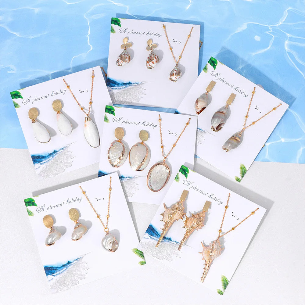 **Boho Ocean Theme Jewelry Set – Natural Seashell Pendant Necklace &amp; Earrings for Summer Beach Vacation**