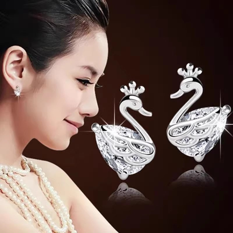 Elegant 925 Sterling Silver Crown Swan Earrings