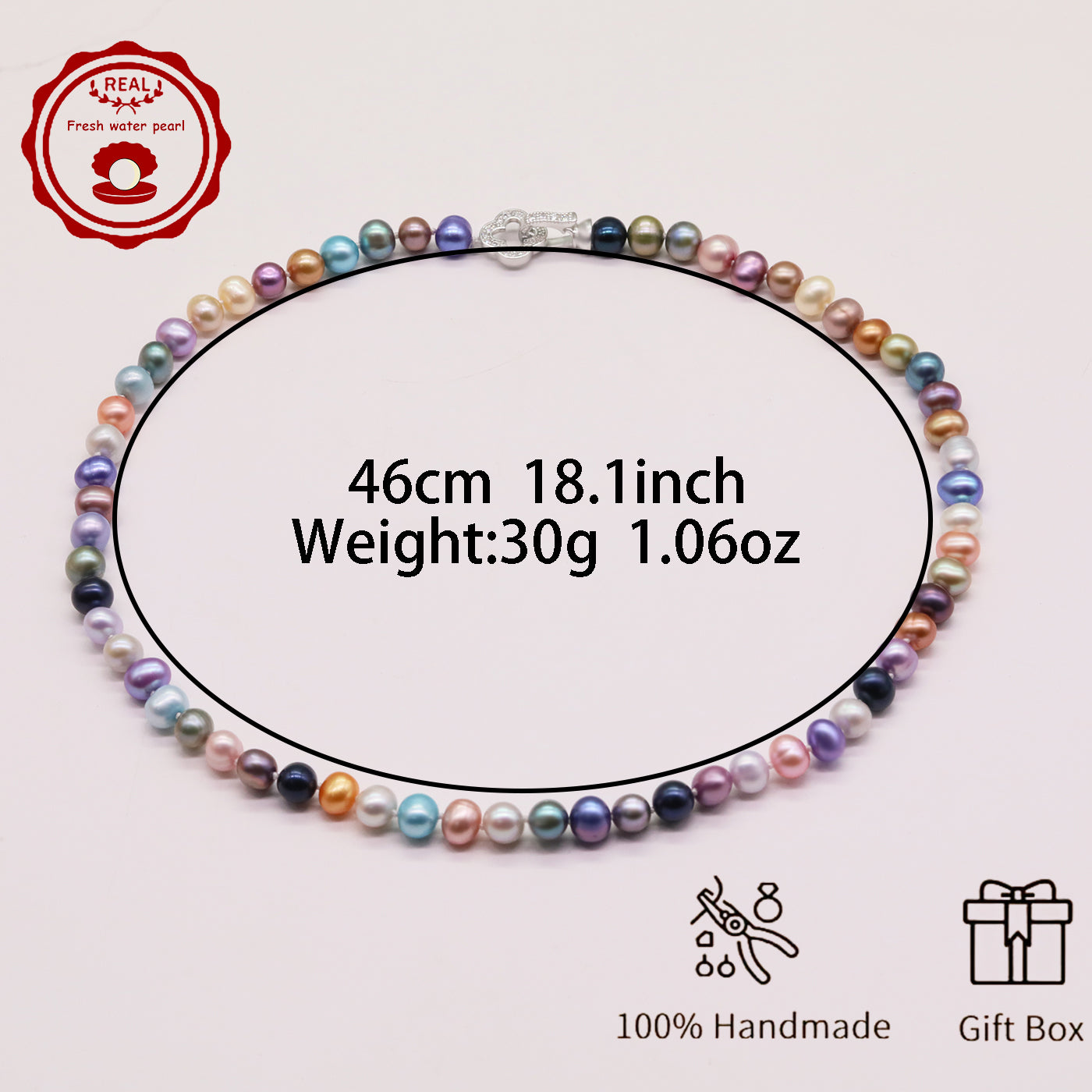 Natural Multicolor Freshwater Pearl Necklace Handmade 18.1Inch Length 7-8Mm Natural Freshwater Pearl Necklace with Flower Clasp Genuine  Freshwater Pearl Necklace Comes with Gift Box - Perfect for Daily, Party, Wedding,  Valentine'S Day and Christmas