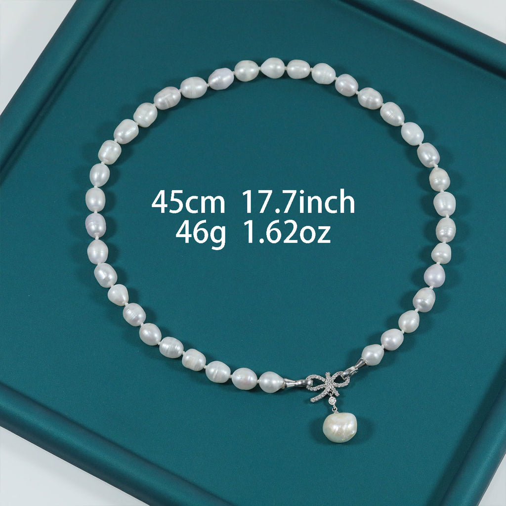 Unique natural white Fresh Water Pearl Necklace with  Pearl pendant, 8-9 mm real fresh water pearl with bow buckle, attached gift box - perfect for giving her/his gift, everyday everything with fresh water pearl jewelry[XL-2501White-03]
