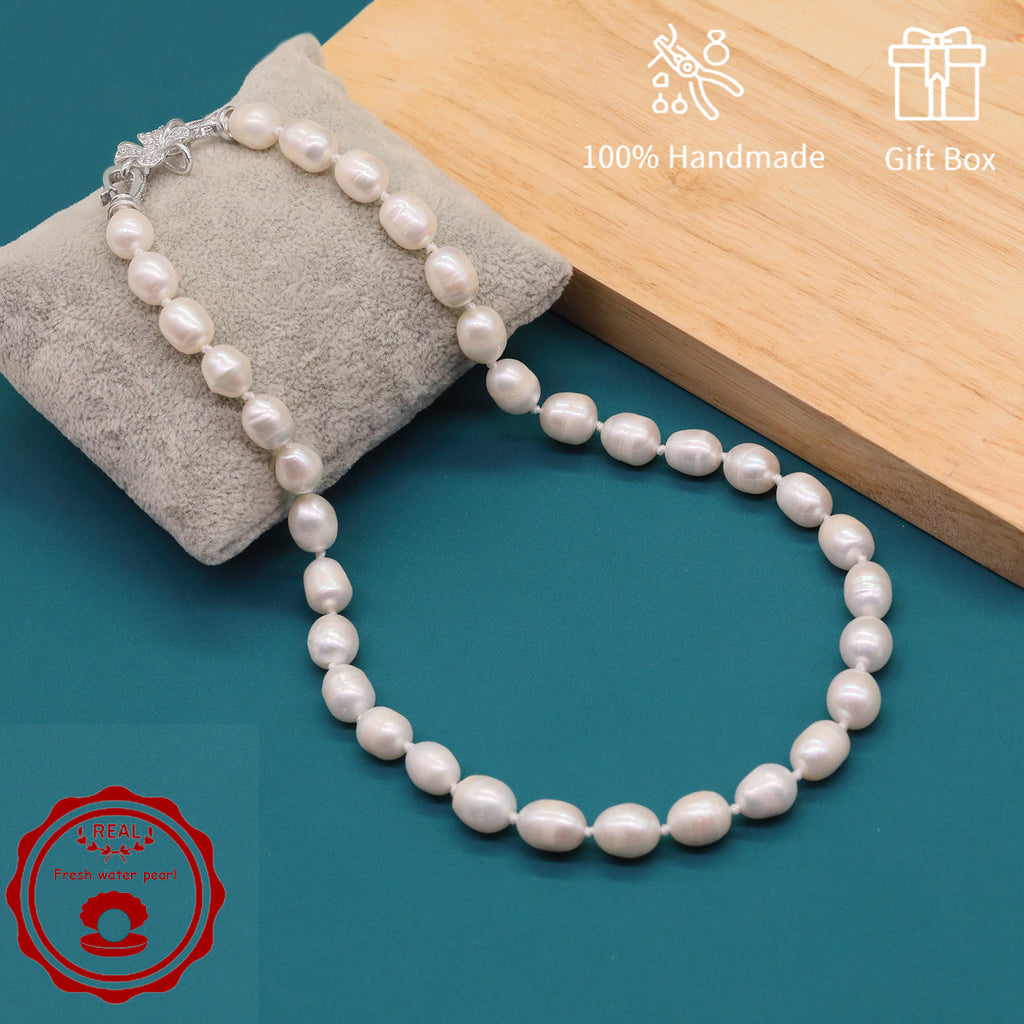 100% Handmade Natural White Freshwater Pearl Necklace Luxury 17.3Inch Long 9Mm White Natural Freshwater Pearl Necklace Comes with a Stylish Flower Clasp Gift Box, Give It to Him/Her, Suitable for Daily and  Valentine'S Day[NK-XL2501-White-02]