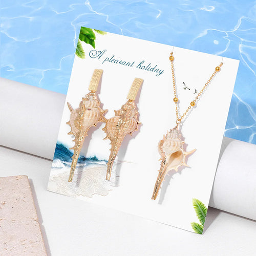 **Boho Ocean Theme Jewelry Set – Natural Seashell Pendant Necklace &amp; Earrings for Summer Beach Vacation**