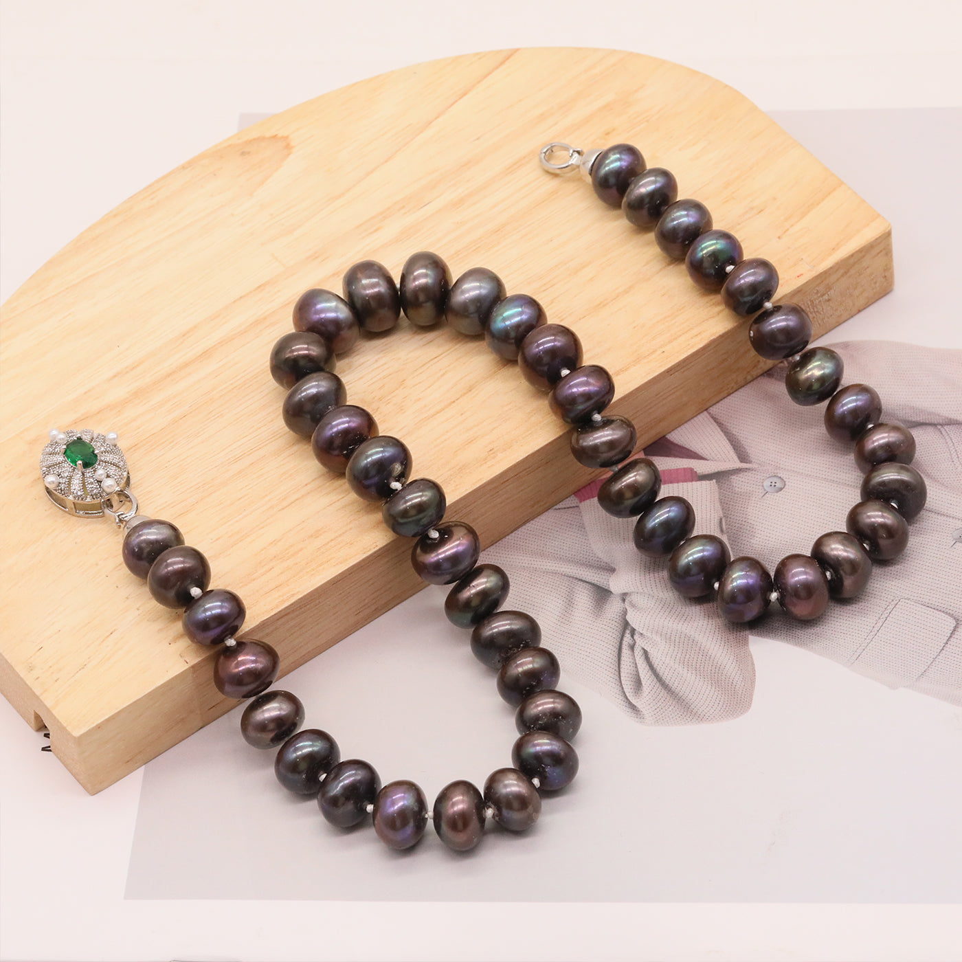 11-13mm Large Purple Freshwater Pearl necklace 100% handmade 19.7inch long flat freshwater pearl necklace with unique round button, ideal gift with gift box [XL-2502Brown-01]