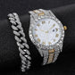 Hip Hop Luxury Stainless Steel Strap Rhinestone Decor Date Quartz Bracelet Watches Set