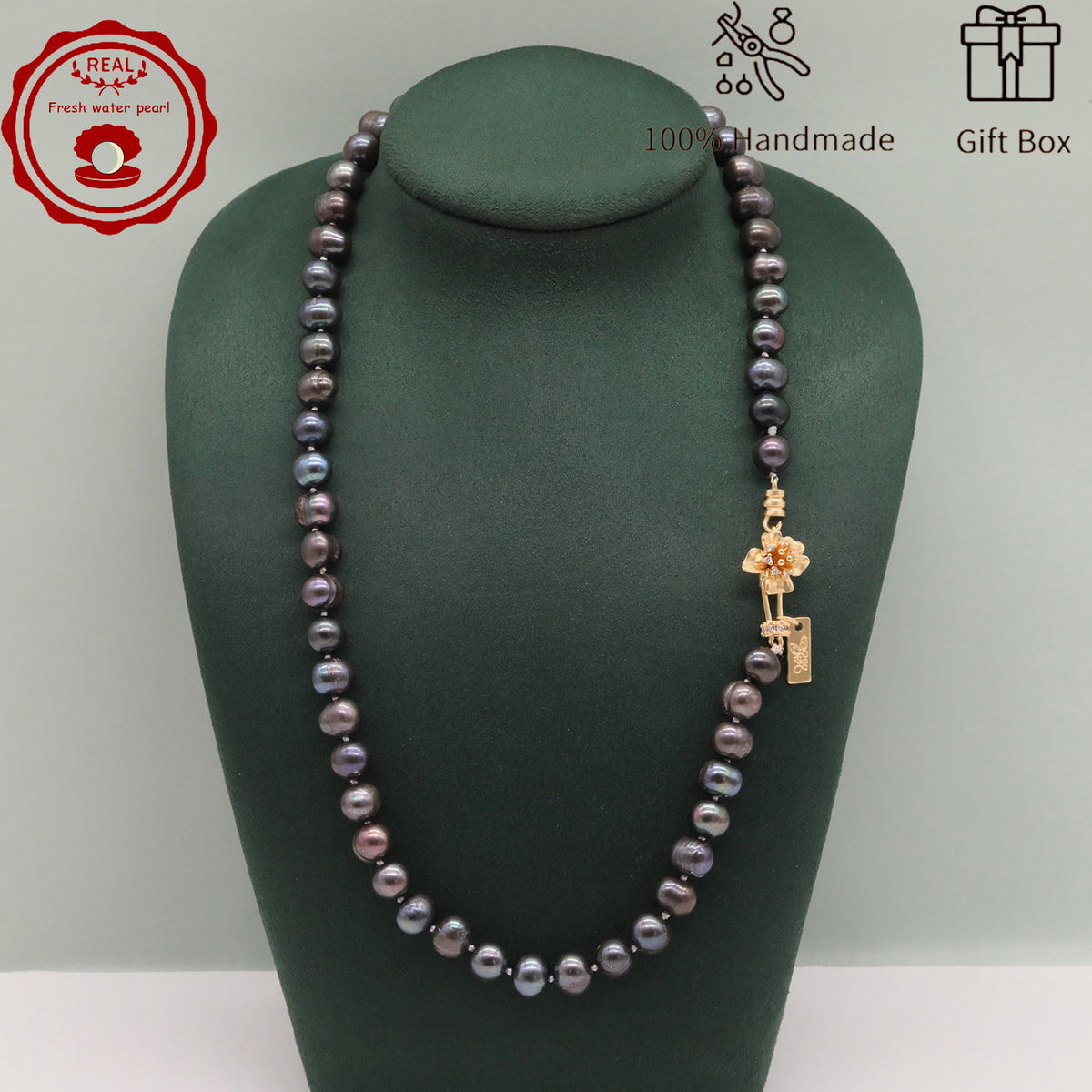 Handmade 8-9mm purple freshwater Pearl necklace flower claps【XL-2411Purple-008】