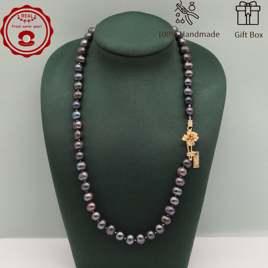 Handmade 8-9mm purple freshwater Pearl necklace flower claps【XL-2411Purple-008】