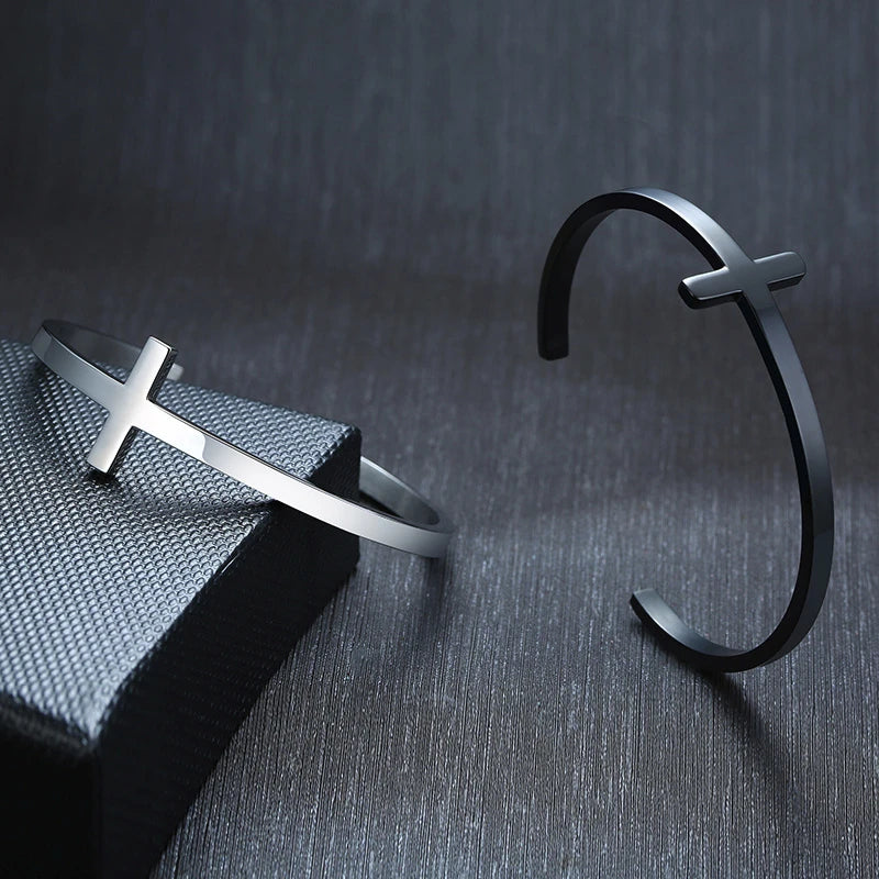 Sideways Crosss cuff Bracelet unisex in silver-gold and black