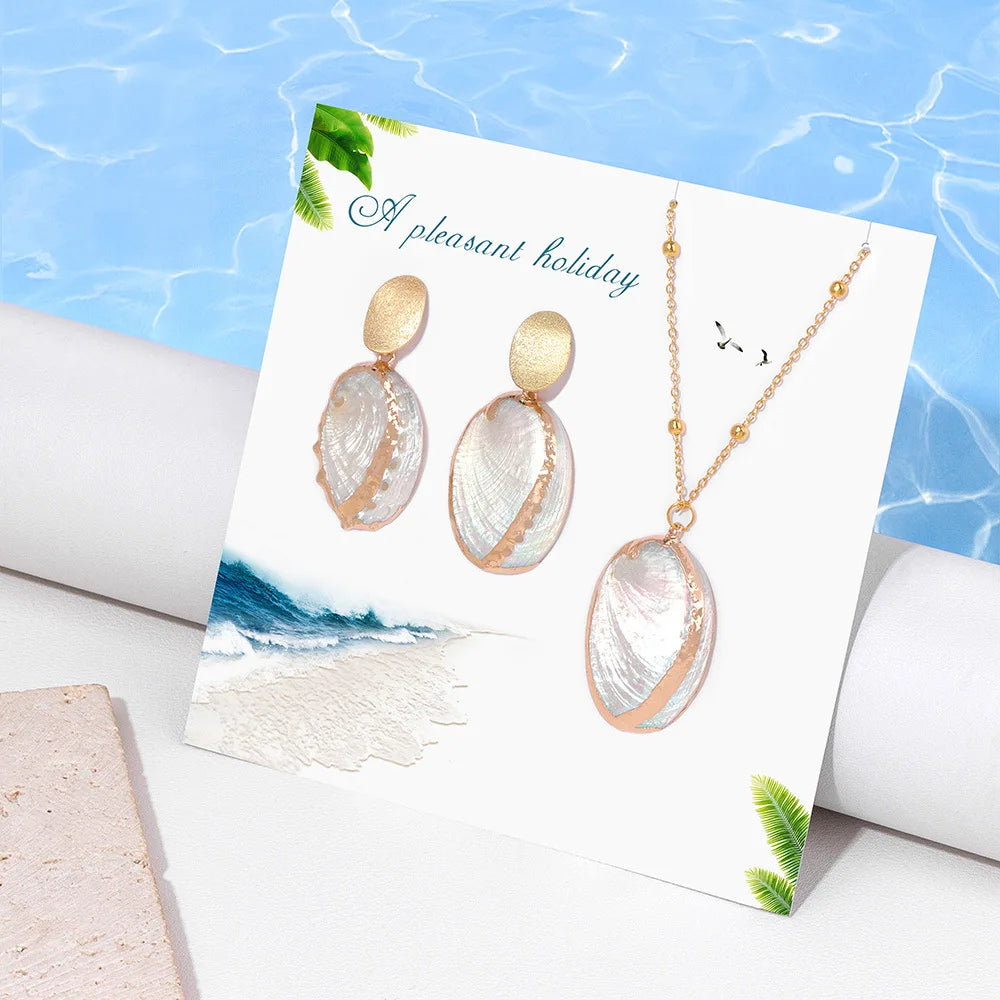 **Boho Ocean Theme Jewelry Set – Natural Seashell Pendant Necklace &amp; Earrings for Summer Beach Vacation**