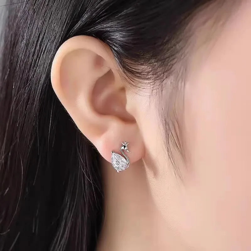Elegant 925 Sterling Silver Crown Swan Earrings