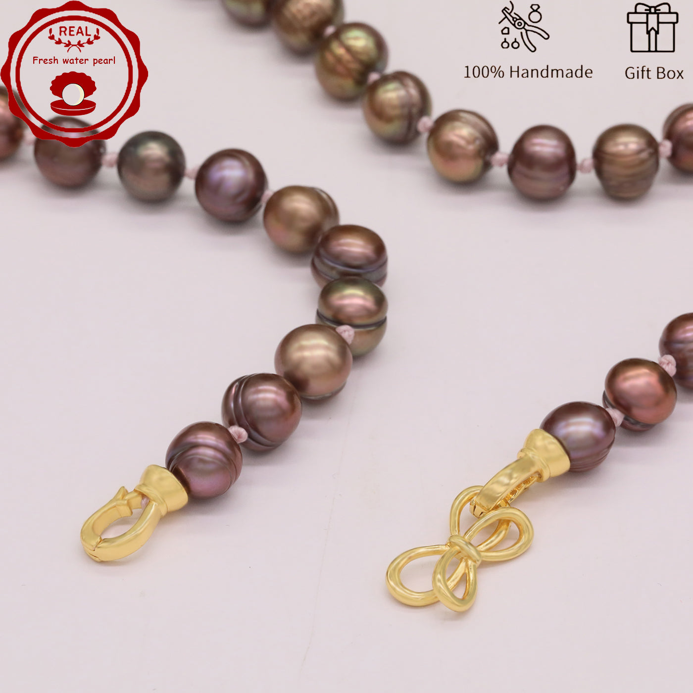 Luxury 19.5" Elegant Natural Brown Color-Freshwater Pearl Necklace, 100% Handcrafted, 10mm Pearls, with Golden Butterfly Clasp, Gift Box Included, for Daily Wear & Special Occasions, Ideal for Gifting