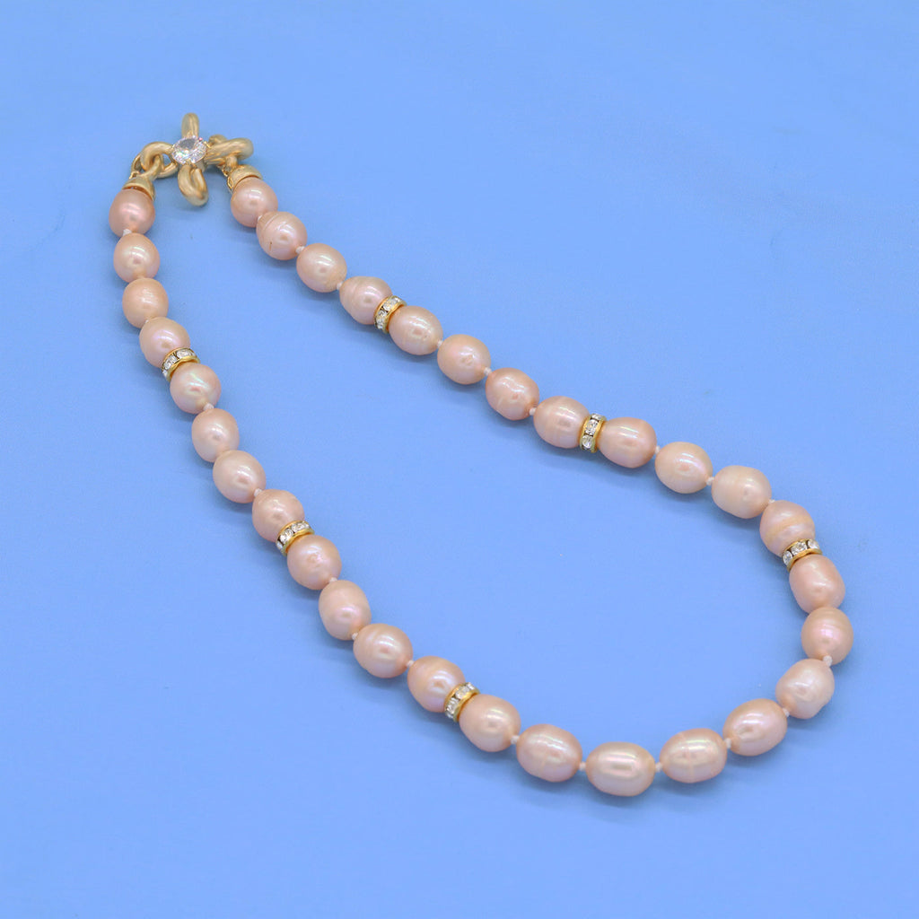 Gorgeous real pink Freshwater Pearl Necklace with bead and four-leaf clover clapper Luxurious 17.3inch long men's and women's freshwater pearl necklace with gift box, perfect for everyday, wedding, unique Christmas, Valentine's Day【XL-2412pink-01】