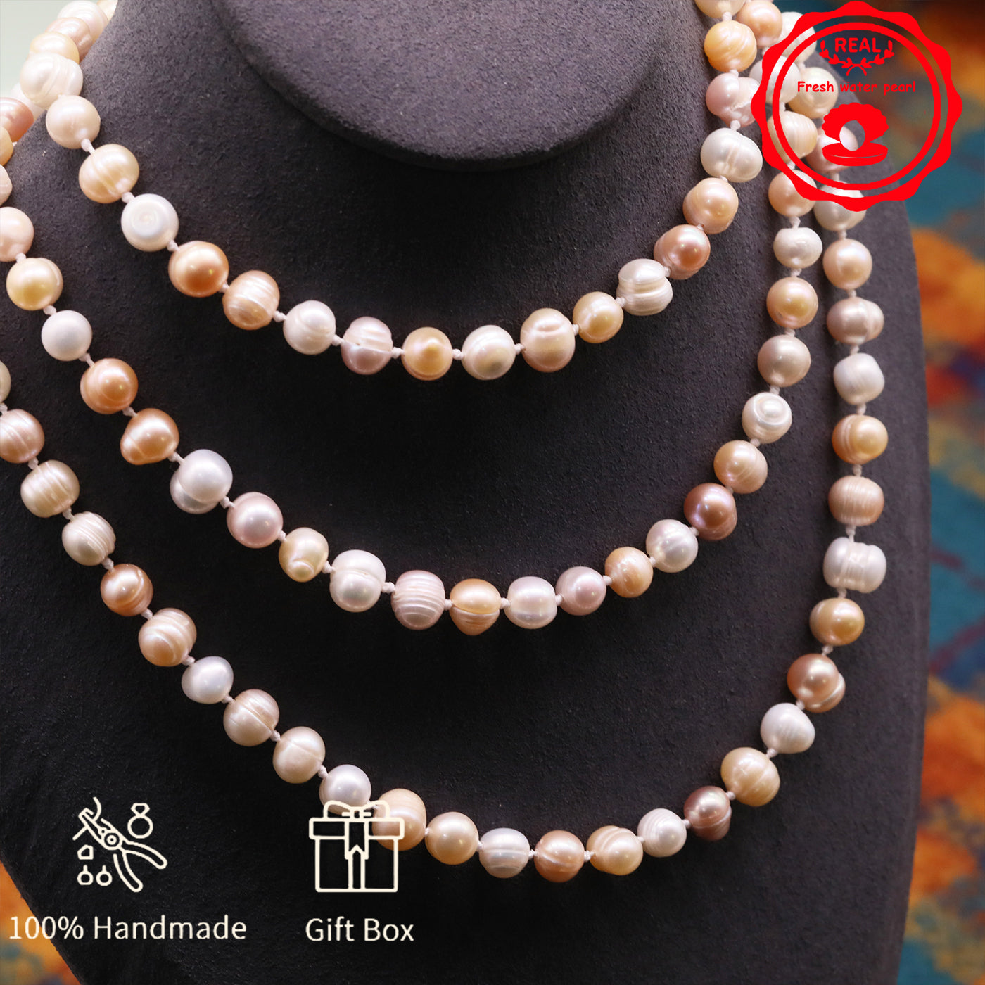 An elegant 47.2inch long pink and white 7-8mm freshwater pearl long necklace  pearl sweater chain with gift box, perfect for everyday, birthday parties and anniversaries, great gifts for Valentine's Day [XL-2412pink-02]