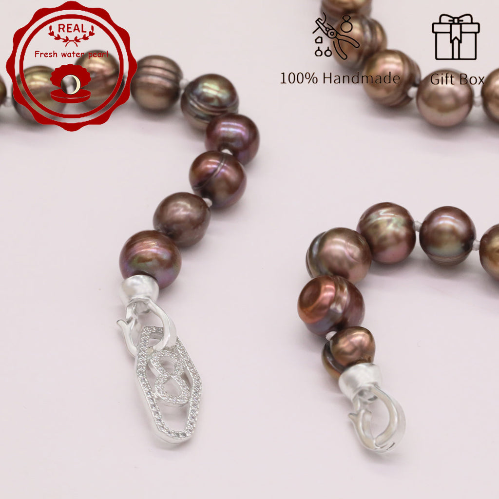 Luxurious 19.7inch long brown colored natural Freshwater Pearl with silver plated diamond button 100% handmade stylish 9mm natural freshwater pearl necklace with gift box perfect for everyday【XL-2411GOLDen-001】