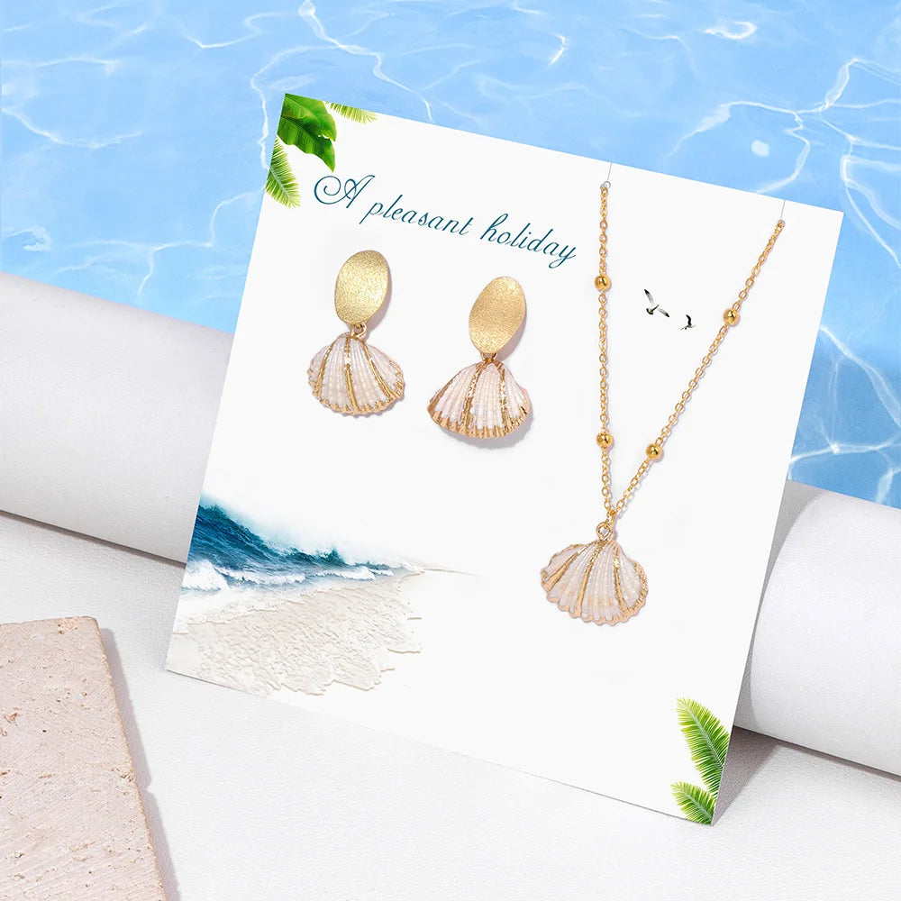 **Boho Ocean Theme Jewelry Set – Natural Seashell Pendant Necklace &amp; Earrings for Summer Beach Vacation**
