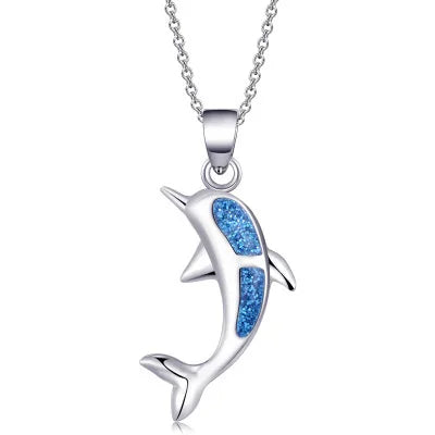 A silver dolphin pendant necklace with textured blue inlay details, shown on a clean white background.