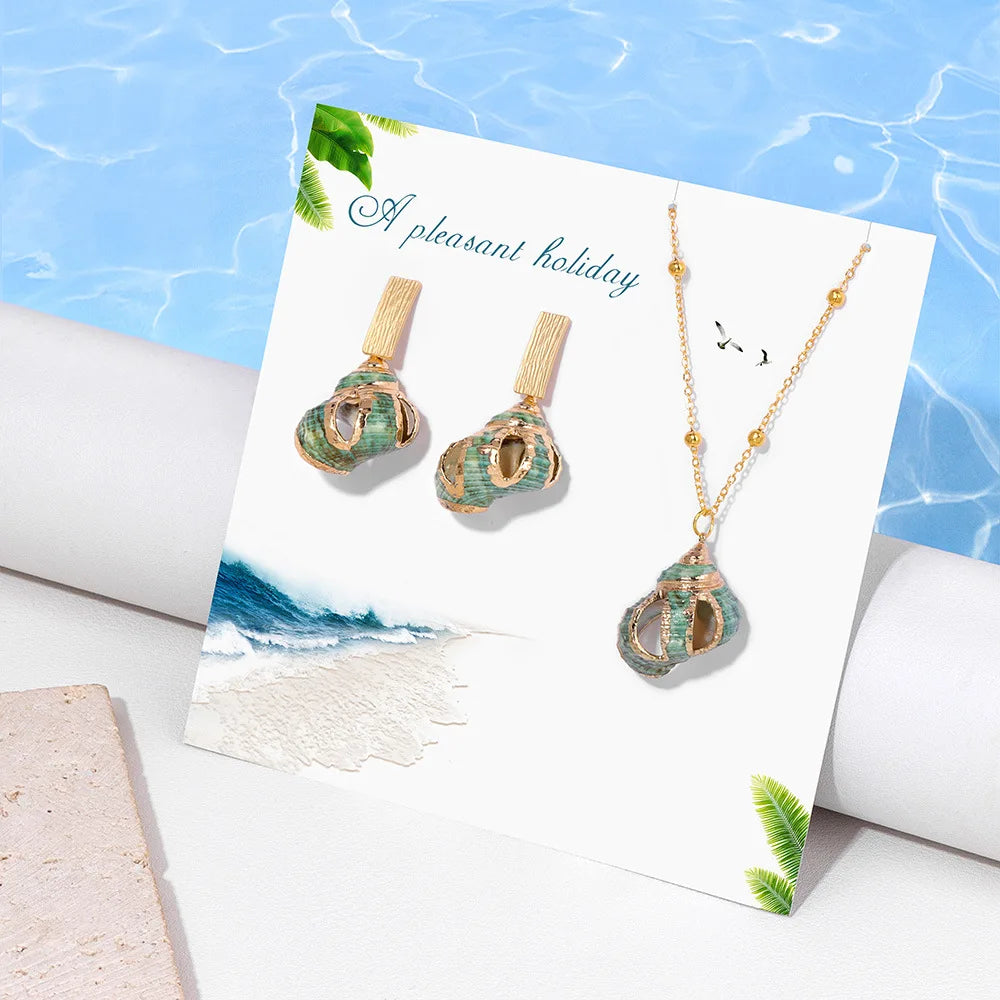 **Boho Ocean Theme Jewelry Set – Natural Seashell Pendant Necklace &amp; Earrings for Summer Beach Vacation**