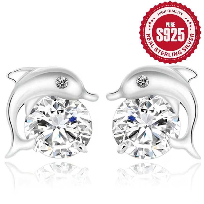 dophin sterling silver stud earrings with cubic zirconia stones