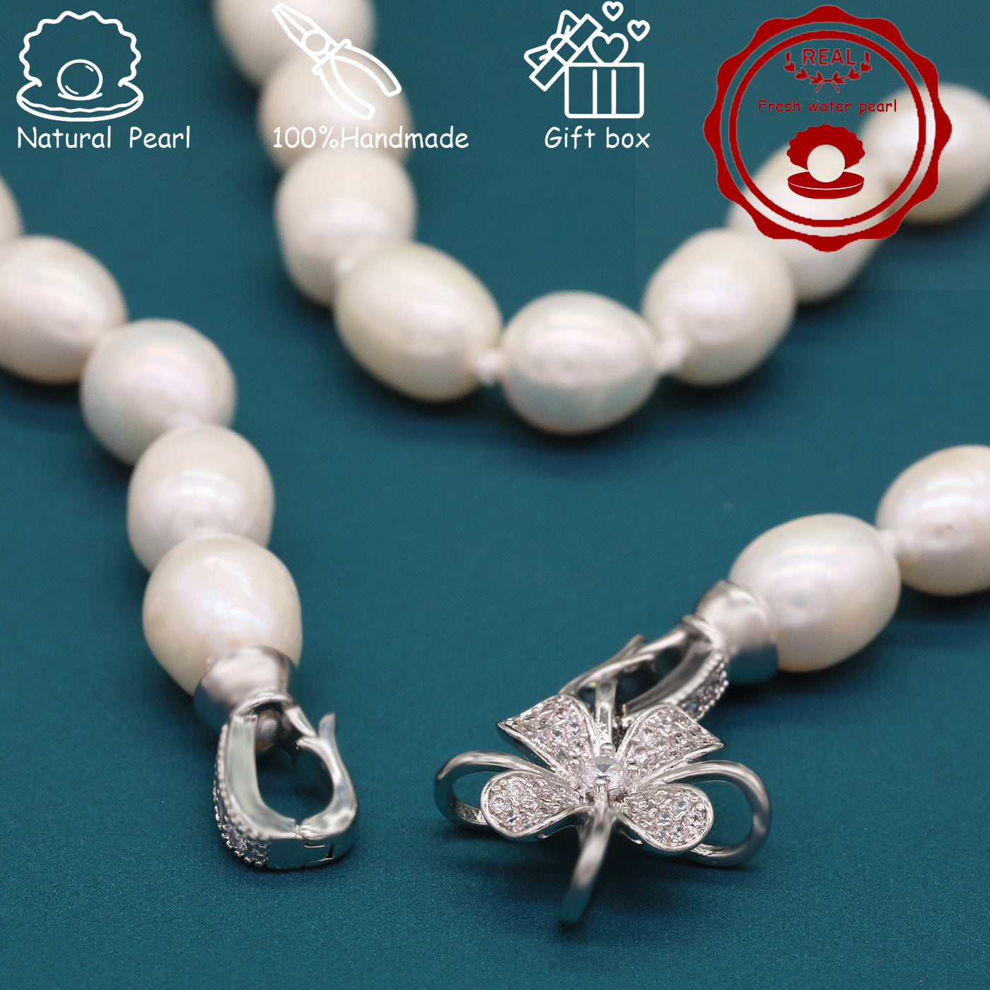 HDBS1130-Handmade White Freshwater Pearl Necklace 17 Inch 9mm gift boxed