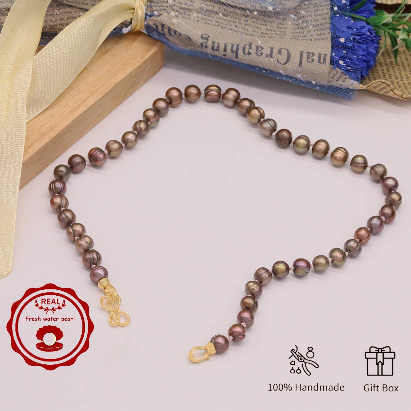 Luxury 19.5" Elegant Natural Brown Color-Freshwater Pearl Necklace, 100% Handcrafted, 10mm Pearls, with Golden Butterfly Clasp, Gift Box Included, for Daily Wear & Special Occasions, Ideal for Gifting