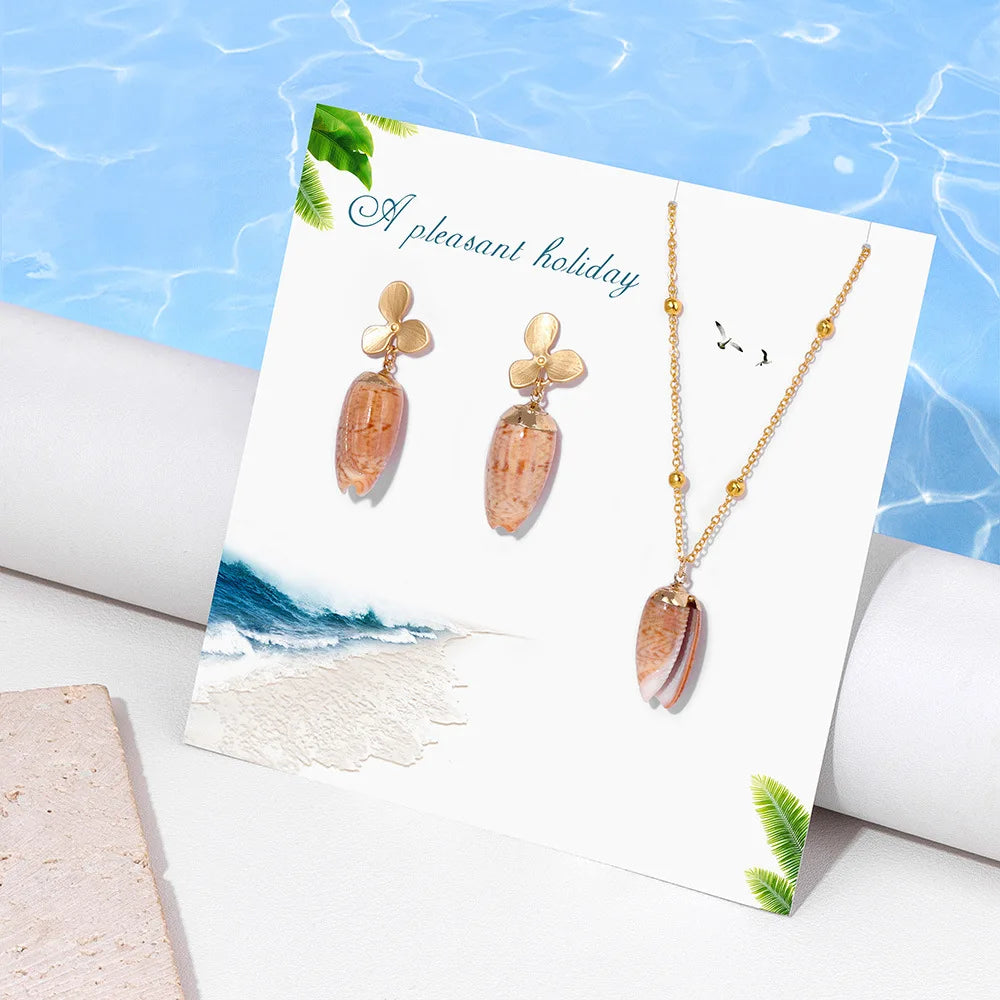 **Boho Ocean Theme Jewelry Set – Natural Seashell Pendant Necklace &amp; Earrings for Summer Beach Vacation**