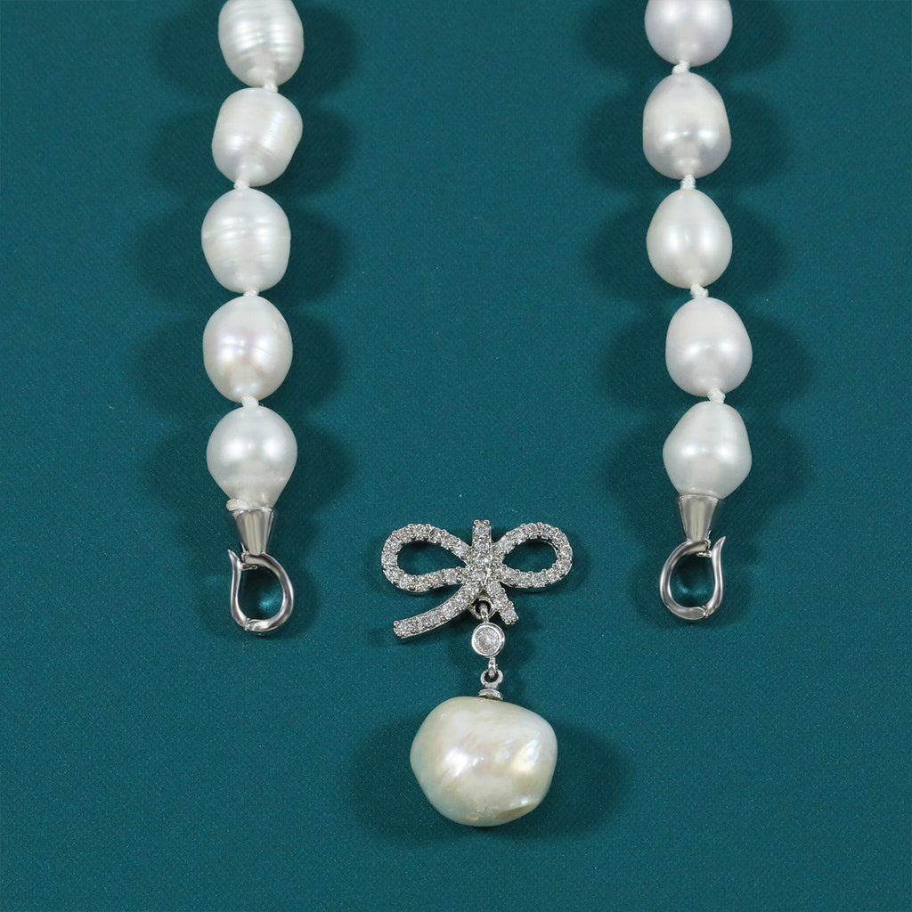 Unique natural white Fresh Water Pearl Necklace with  Pearl pendant, 8-9 mm real fresh water pearl with bow buckle, attached gift box - perfect for giving her/his gift, everyday everything with fresh water pearl jewelry[XL-2501White-03]