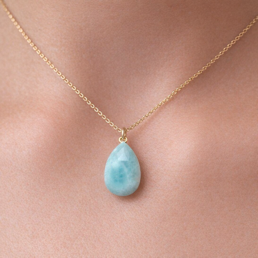 Larimar 8x12mm Faceted Pear Briolette Beads Natural pendant on a 14kt. gold chain