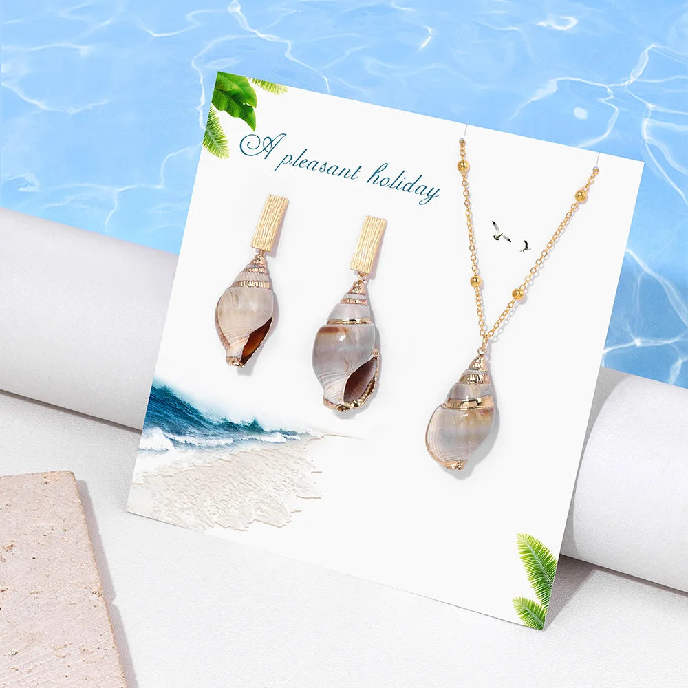 **Boho Ocean Theme Jewelry Set – Natural Seashell Pendant Necklace &amp; Earrings for Summer Beach Vacation**