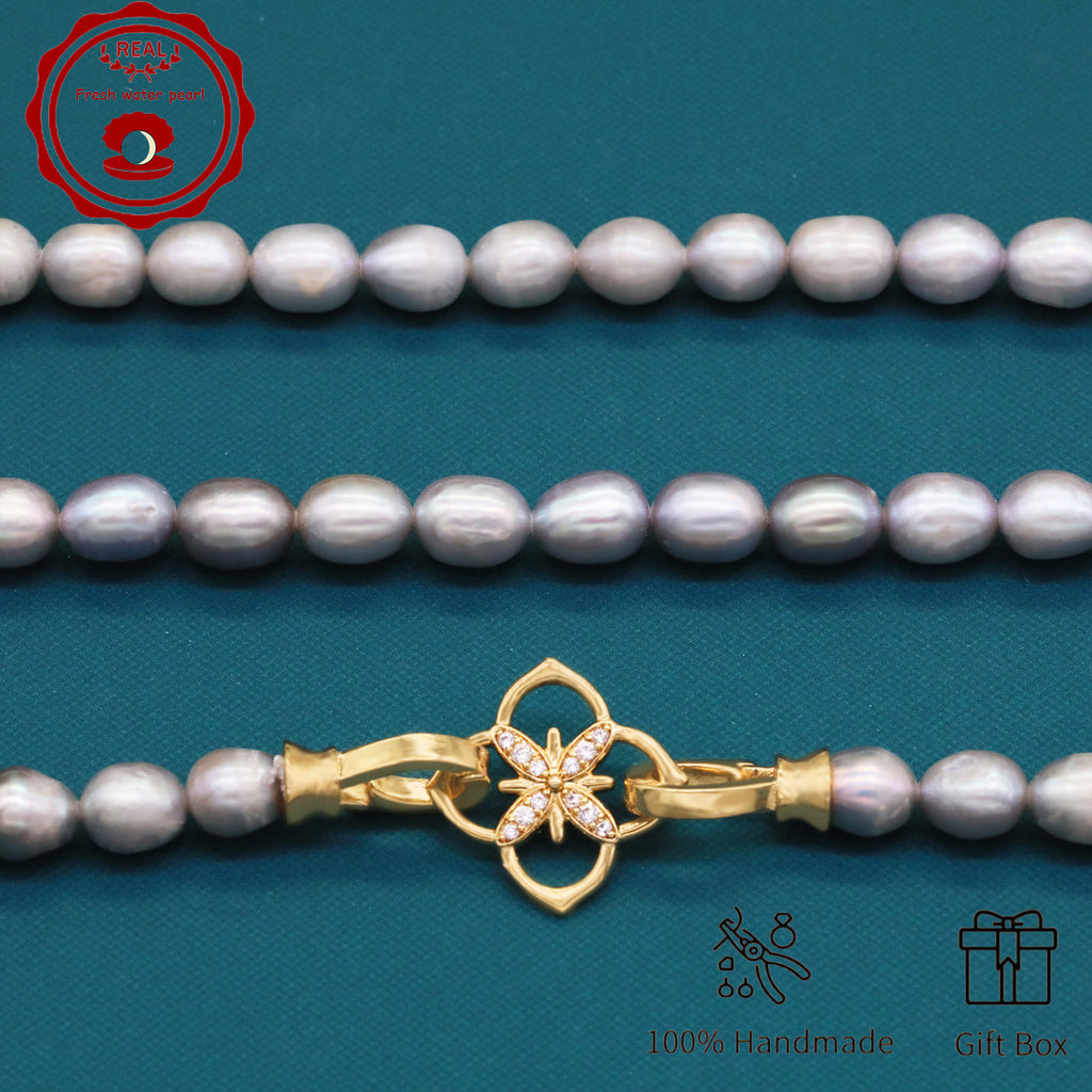 Elegant Handcrafted Gray Freshwater Pearl Necklace with Golden-Embellished Butterfly Clasp, Perfect for Daily Wear & Special Occasions, Includes Gift Box