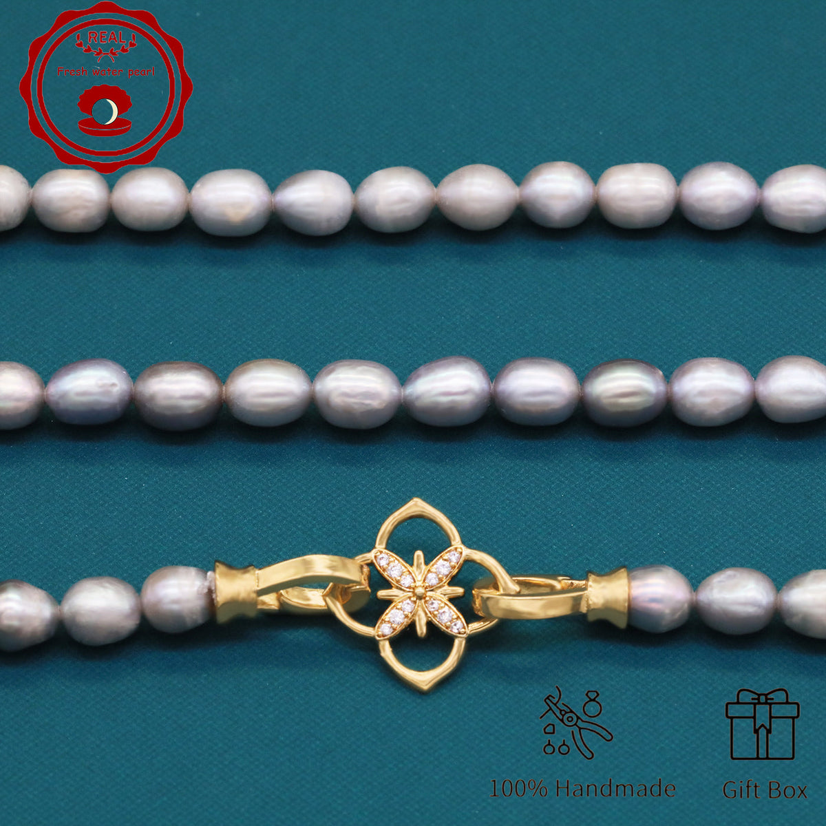 Elegant Handcrafted Gray Freshwater Pearl Necklace with Golden-Embellished Butterfly Clasp, Perfect for Daily Wear & Special Occasions, Includes Gift Box