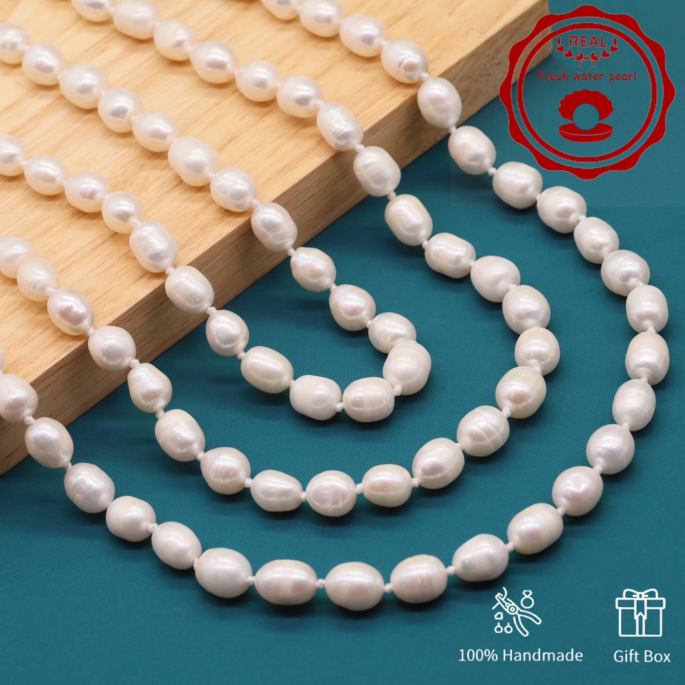 HDBS1130-Handmade White Freshwater Pearl Necklace 17 Inch 9mm gift boxed