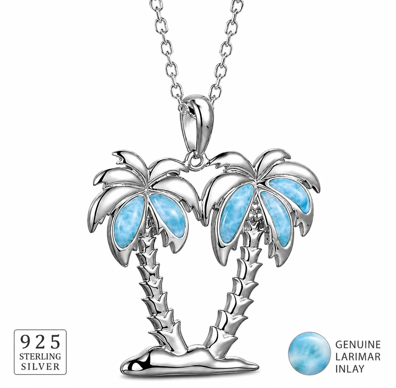 Sterling Silver Larimar Double Palm Tree Necklace – Tropical Island Pendant