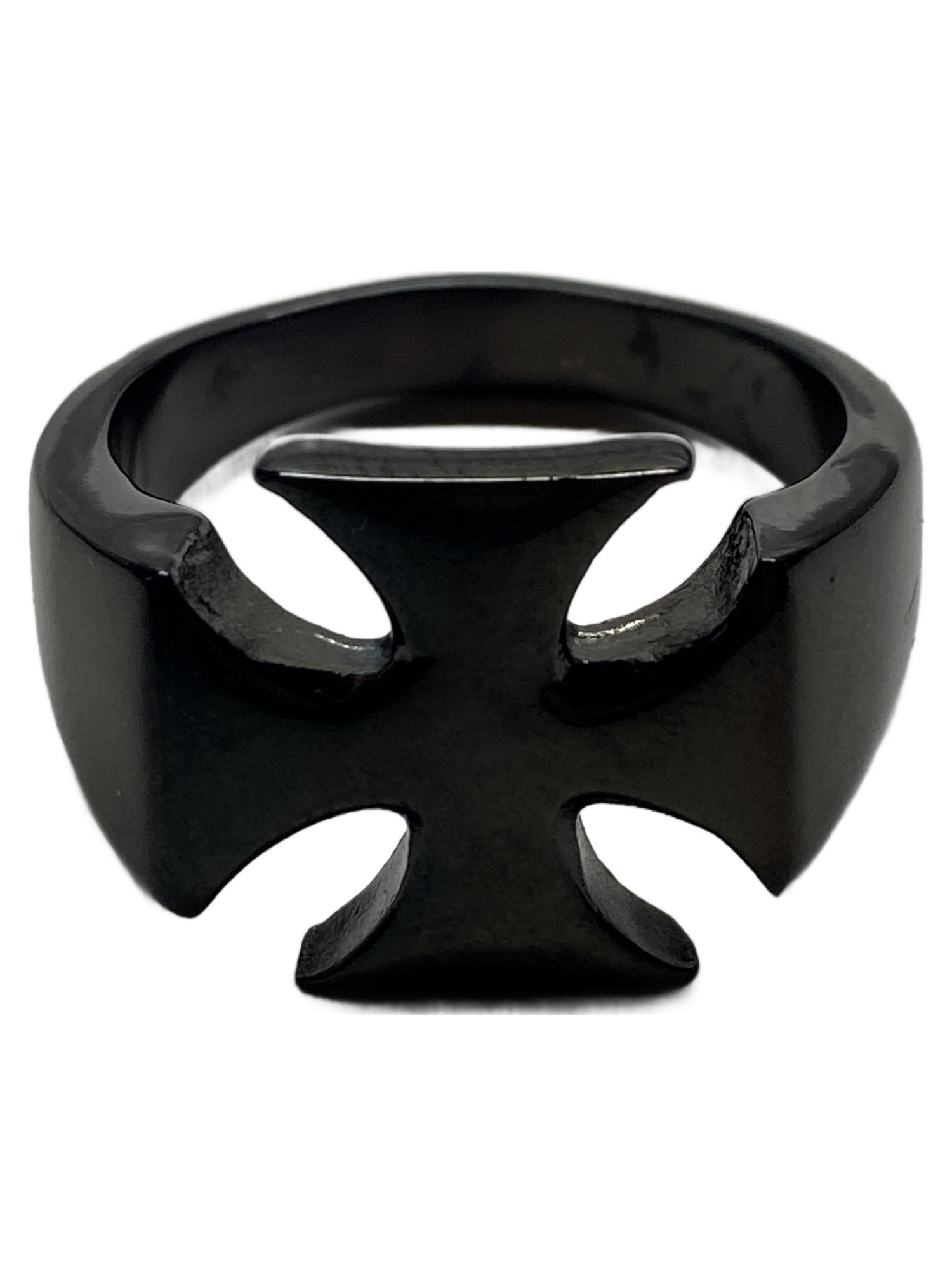 A black metal ring featuring a bold, openwork cross design with a matte and glossy finish, set against a plain white background.