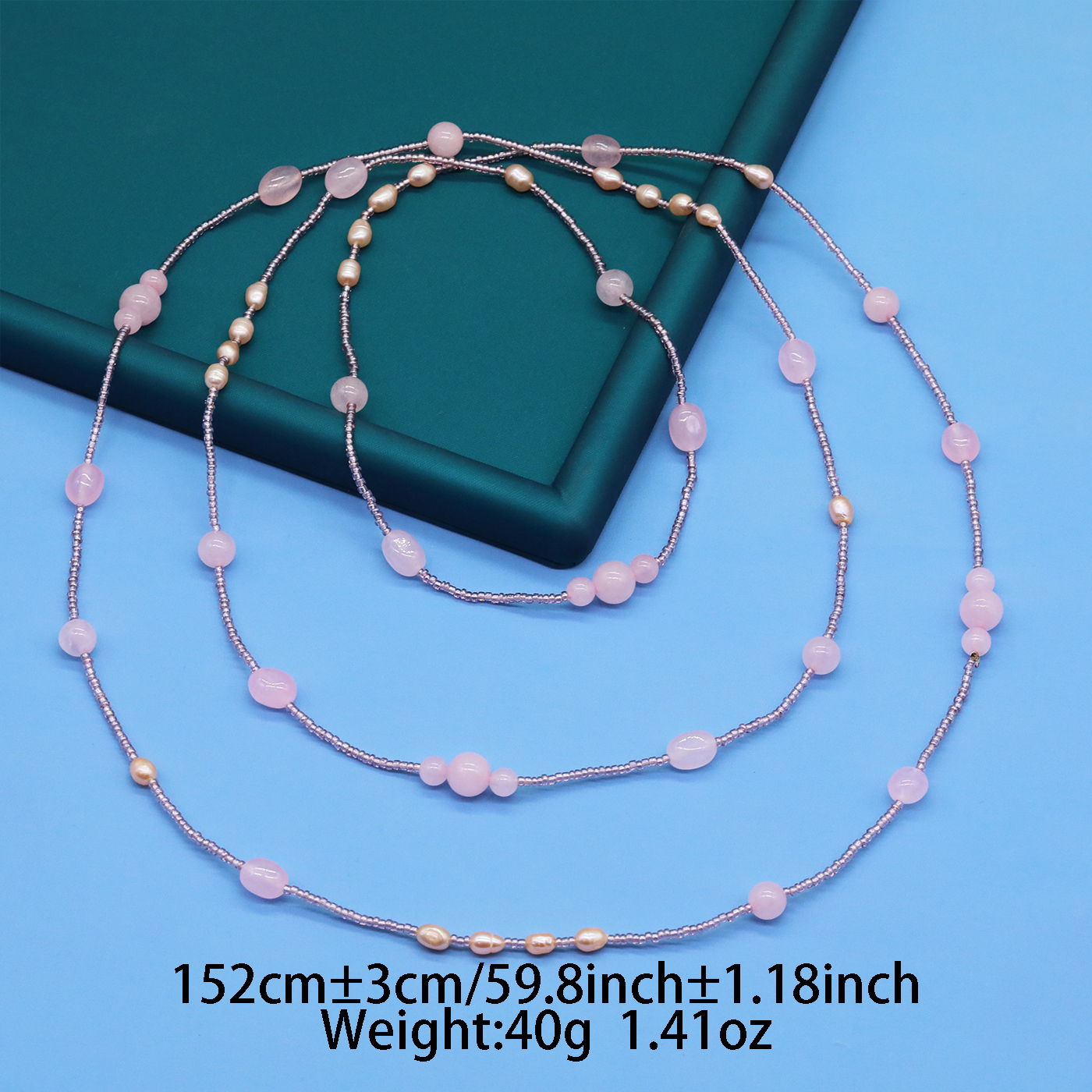 #91 XL-2412PINK-03 LONG PINK STONE AND PEARL NECKLACE