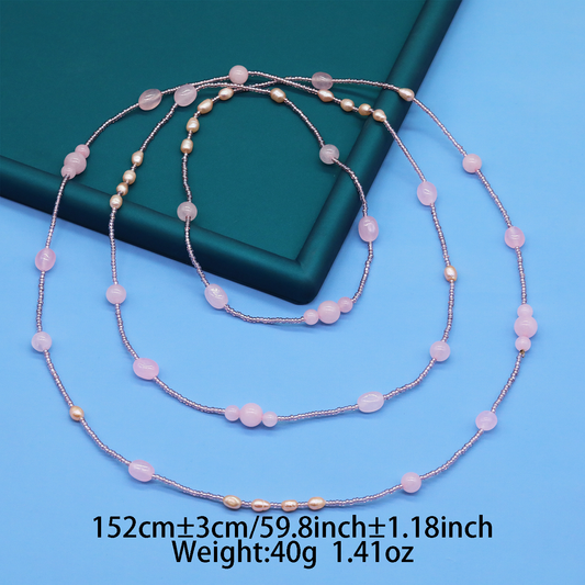 #91 XL-2412PINK-03 LONG PINK STONE AND PEARL NECKLACE