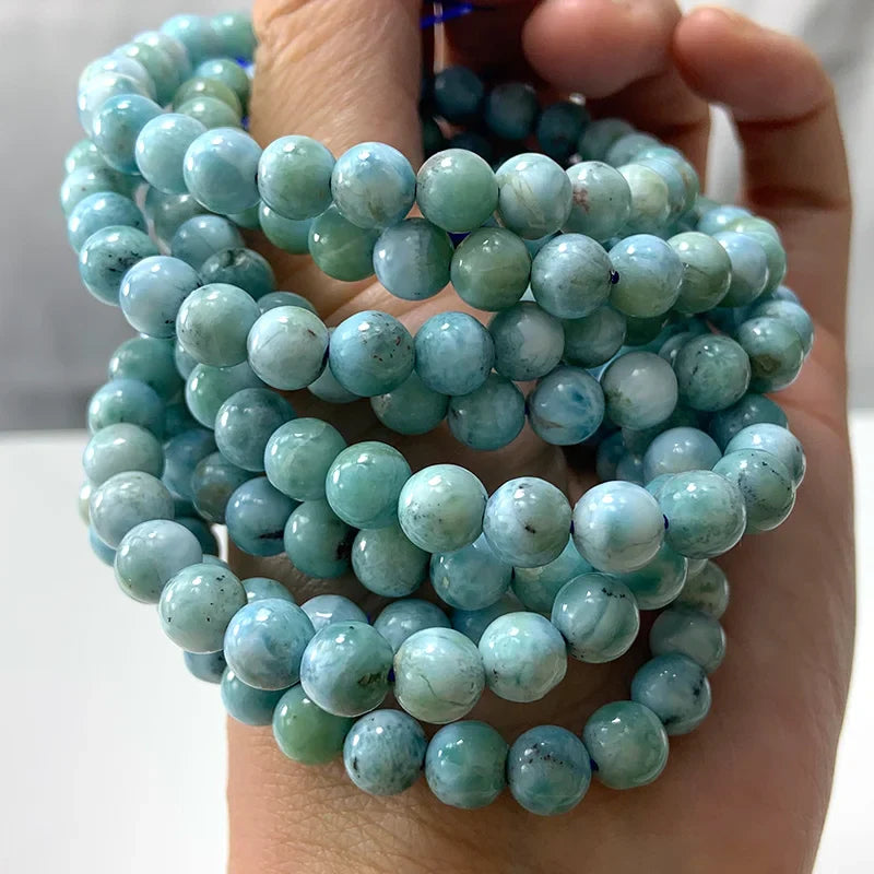 Natural Larimar Stone Beads Women Men Bracelet Round Blue