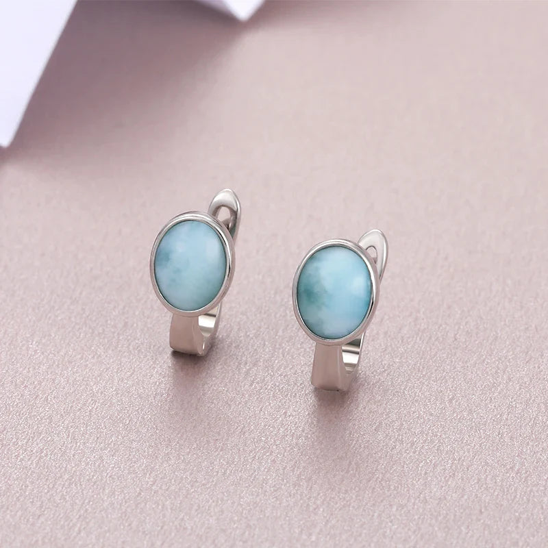 Geometric Oval 925 Sterling Silver Natural Precious Larimar Earrings for Women