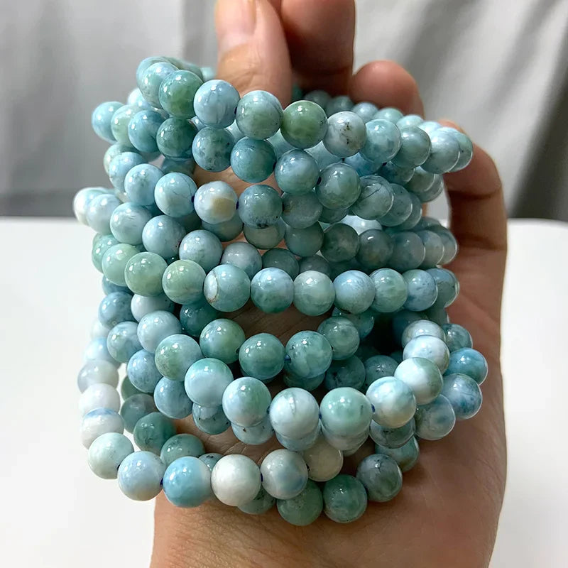 Natural Larimar Stone Beads Women Men Bracelet Round Blue