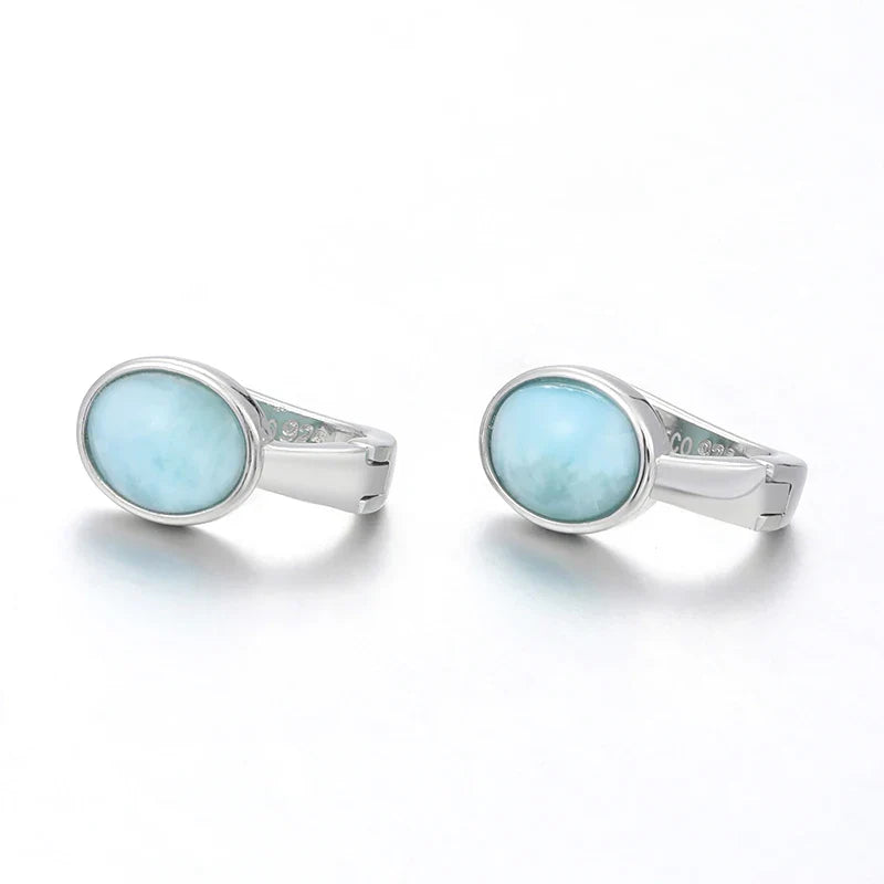 Geometric Oval 925 Sterling Silver Natural Precious Larimar Earrings for Women