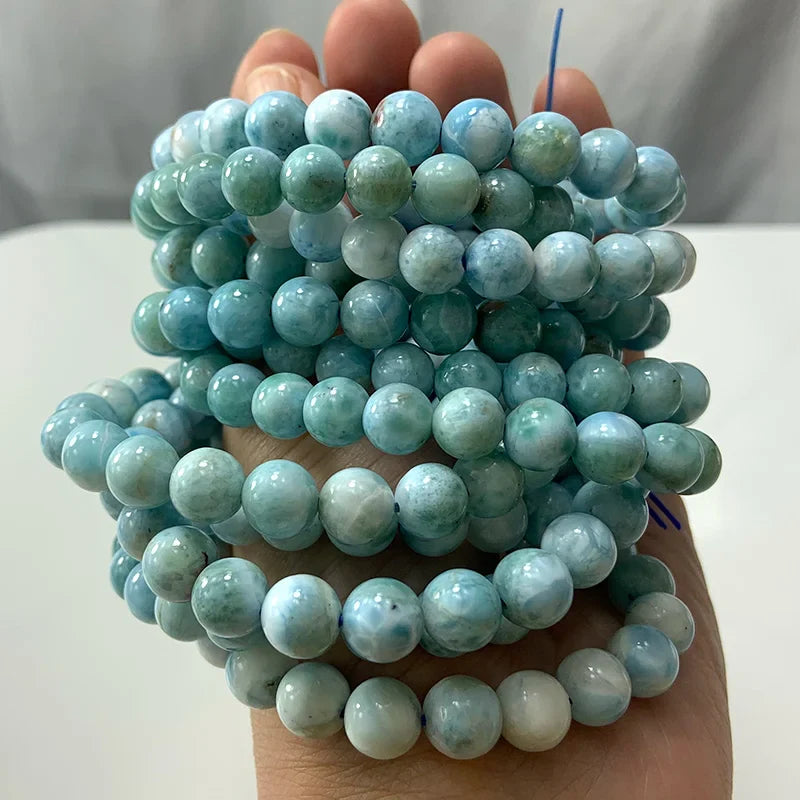 Natural Larimar Stone Beads Women Men Bracelet Round Blue