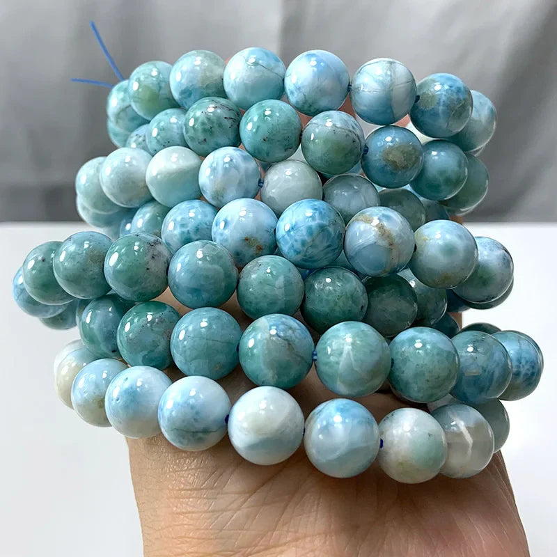 Natural Larimar Stone Beads Women Men Bracelet Round Blue