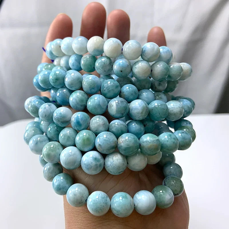 Natural Larimar Stone Beads Women Men Bracelet Round Blue