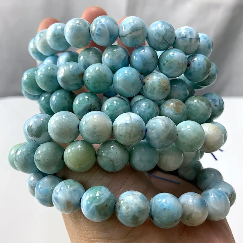 Natural Larimar Stone Beads Women Men Bracelet Round Blue