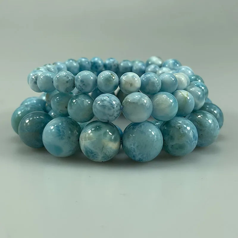 Natural Larimar Stone Beads Women Men Bracelet Round Blue