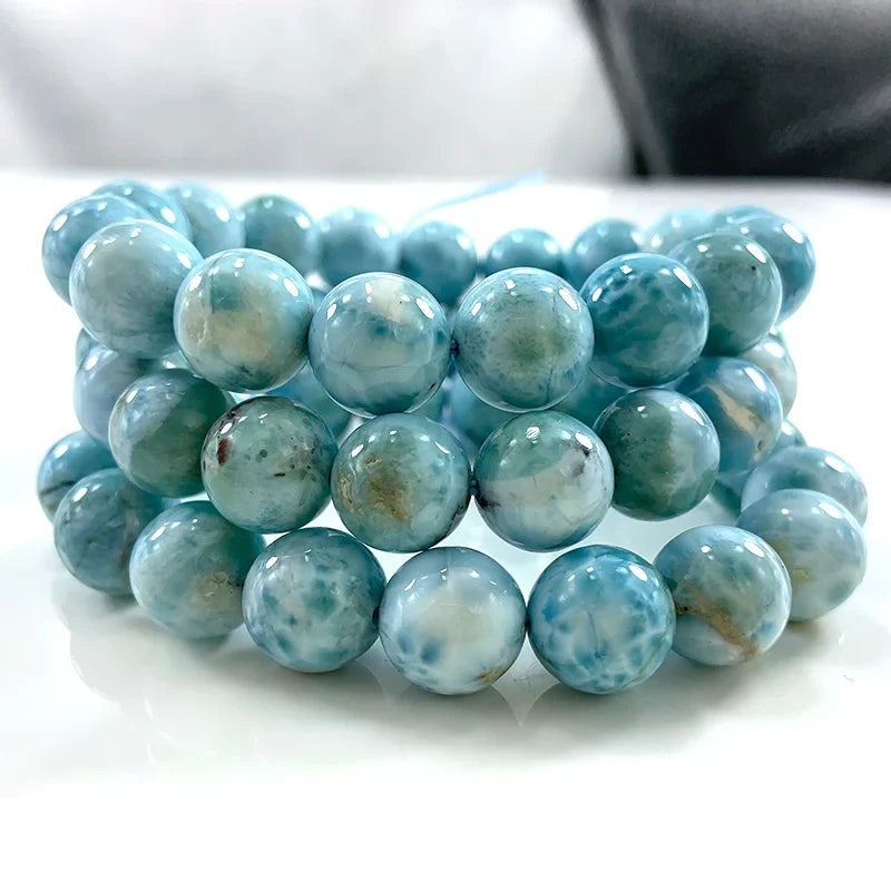 Natural Larimar Stone Beads Women Men Bracelet Round Blue