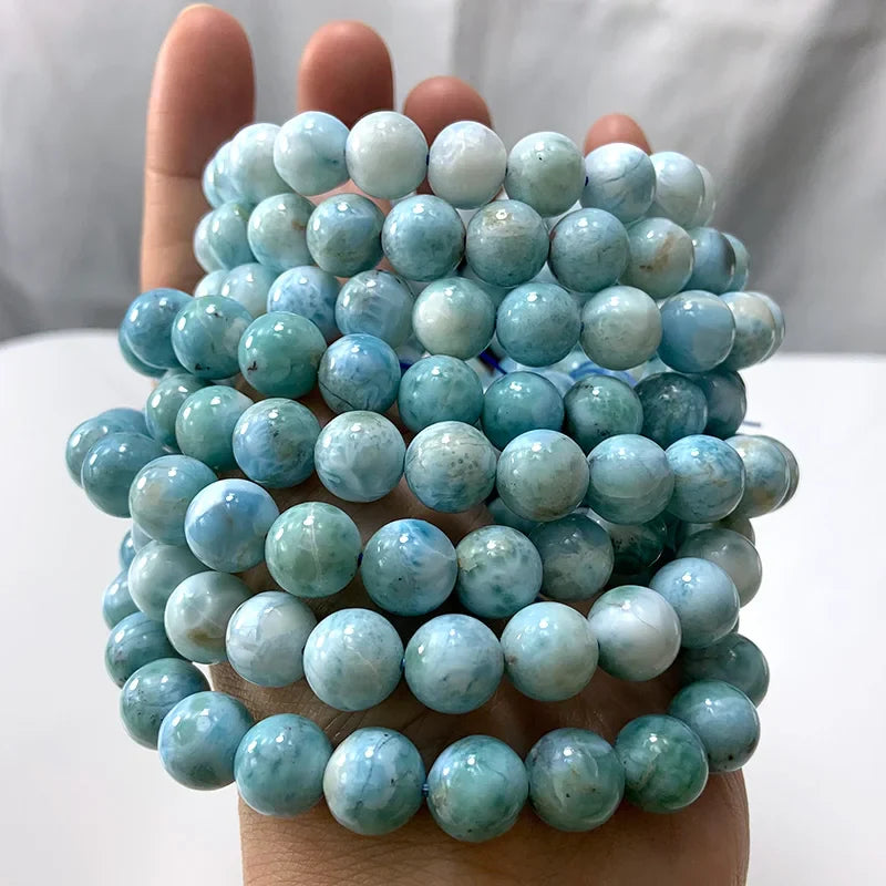 Natural Larimar Stone Beads Women Men Bracelet Round Blue