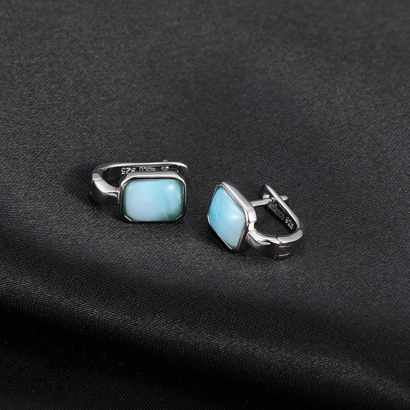 Square Charm 925 Sterling Silver Natural Precious Larimar Earrings