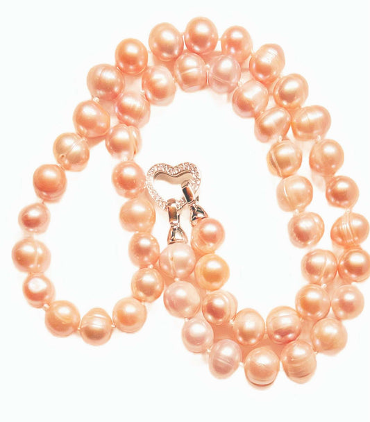 20 inch 8 mm freshwater pink pearl necklace with heart silver rhinestone clasp
